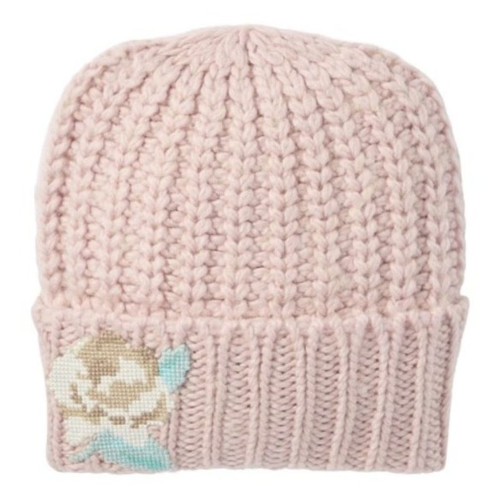 NWT Free People Embroidered Rose Chunky Knit Pink Beanie